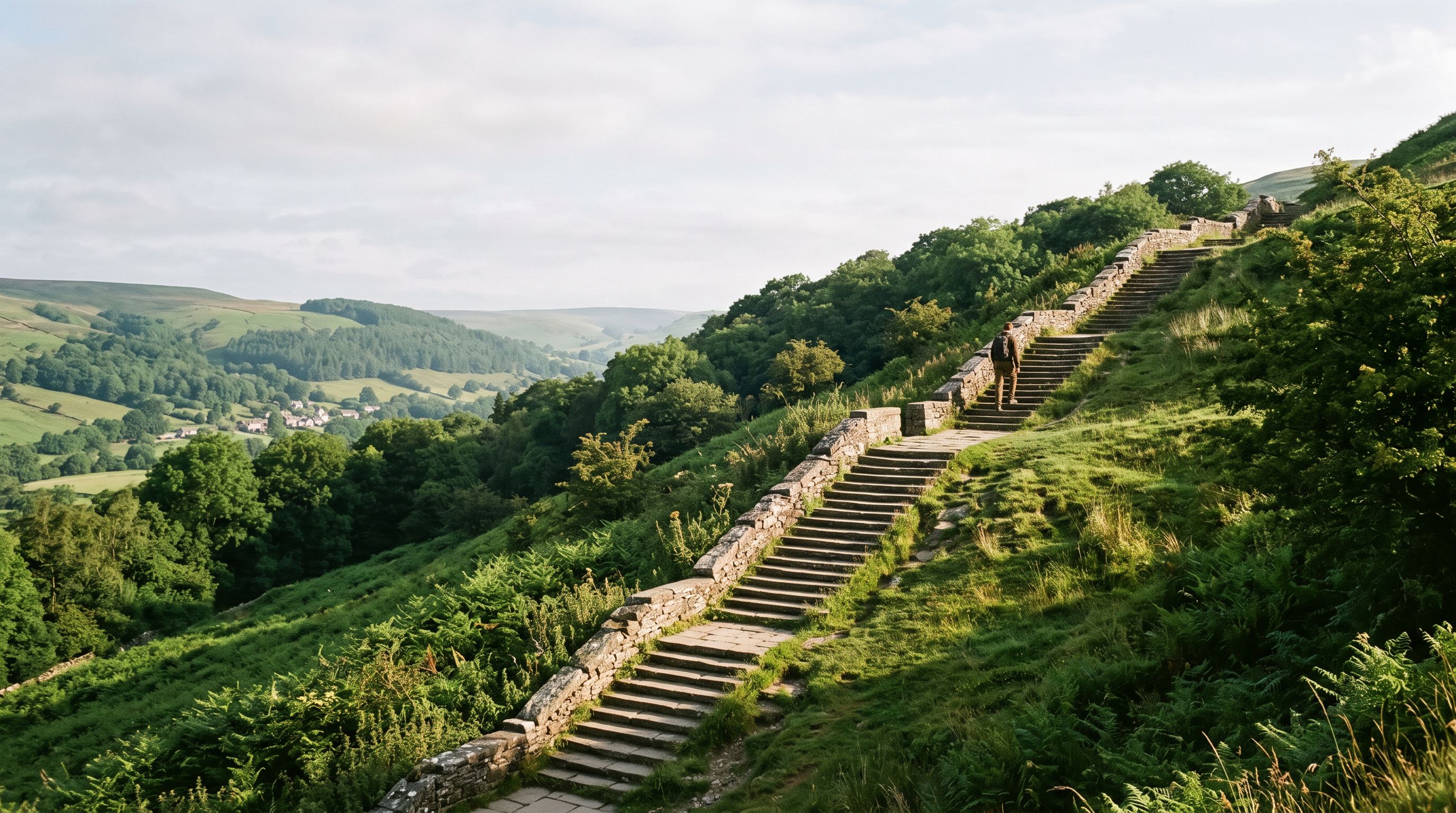 Steinerne Treppe mit mehreren Absätzen führt einen grünen Hang hinauf, im flachen Morgenlicht