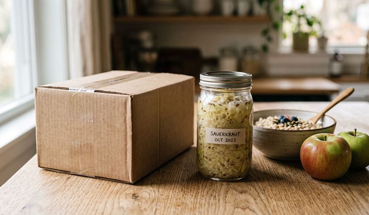 Ungeöffnete Versandschachtel auf einem Küchentisch neben einem Glas Sauerkraut, Haferflocken und Äpfeln im Morgenlicht