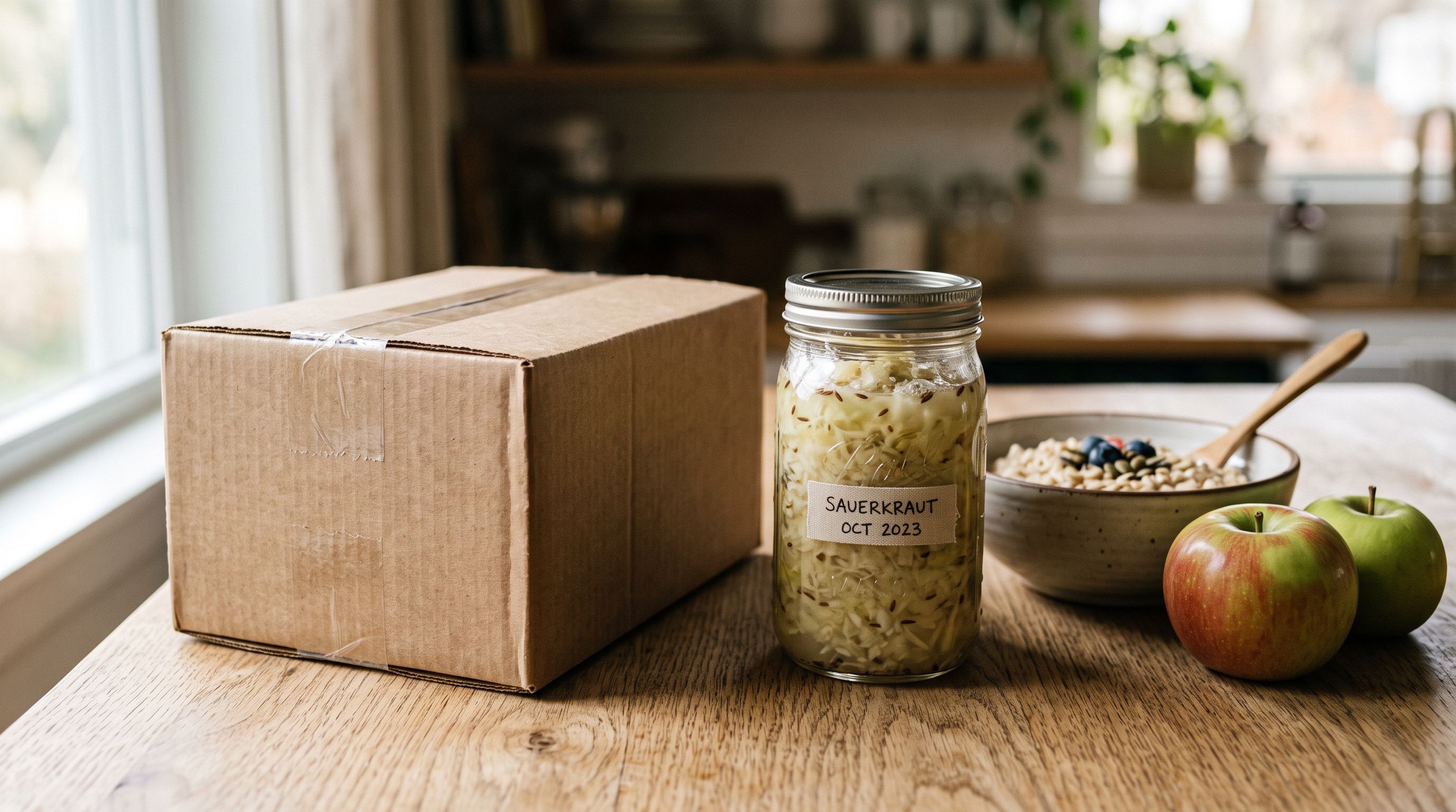 Ungeöffnete Versandschachtel auf einem Küchentisch neben einem Glas Sauerkraut, Haferflocken und Äpfeln im Morgenlicht