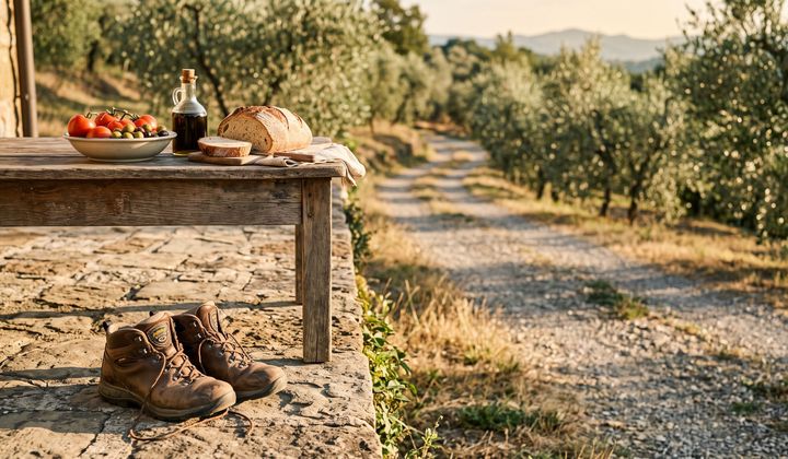 Wanderschuhe auf einer Steinterrasse neben Tomaten, Oliven, Olivenöl und Brot, dahinter ein Weg zwischen Olivenbäumen