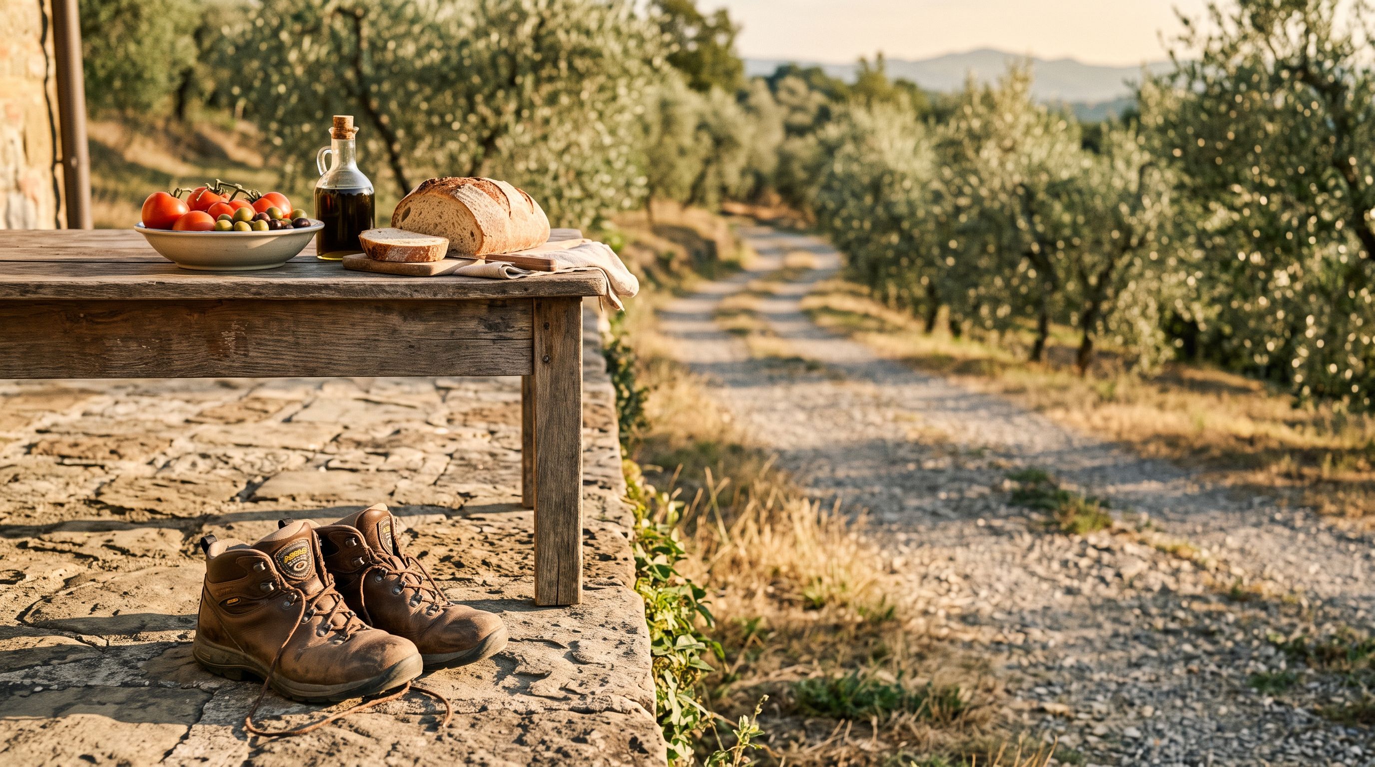 Wanderschuhe auf einer Steinterrasse neben Tomaten, Oliven, Olivenöl und Brot, dahinter ein Weg zwischen Olivenbäumen