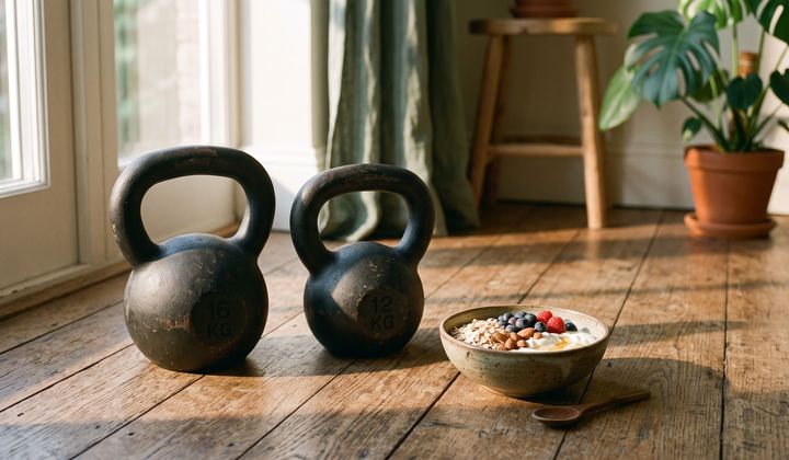 Zwei Kettlebells auf einem Holzboden neben einer Schale Joghurt mit Haferflocken und Beeren im Morgenlicht