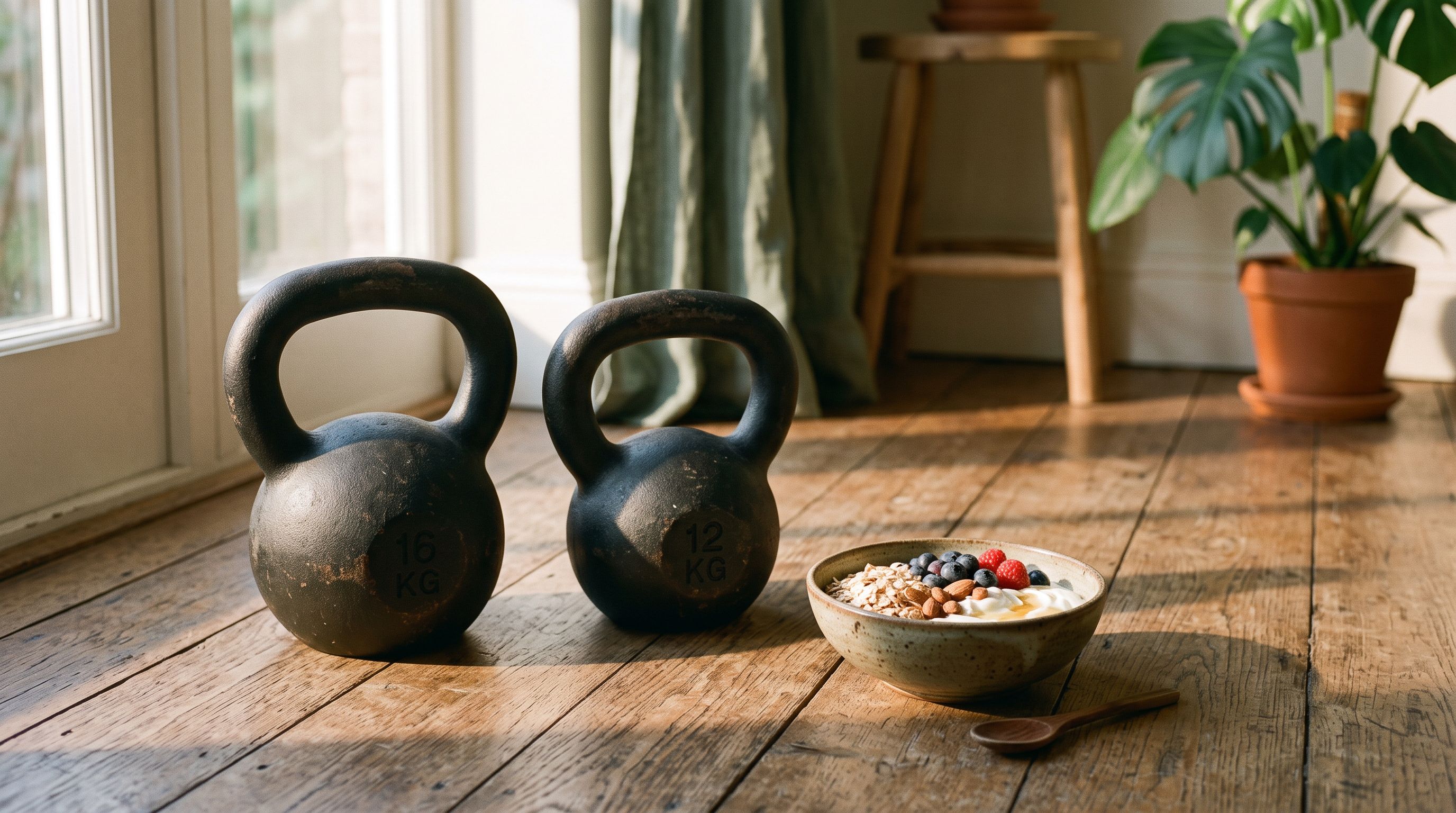 Zwei Kettlebells auf einem Holzboden neben einer Schale Joghurt mit Haferflocken und Beeren im Morgenlicht