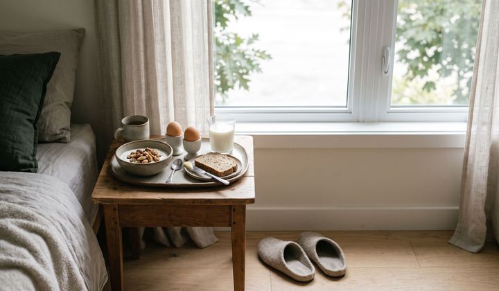 Frühstückstablett mit Joghurt, Eiern, Vollkornbrot und Milch auf einem Nachttisch am Fenster, davor Hausschuhe im Morgenlicht
