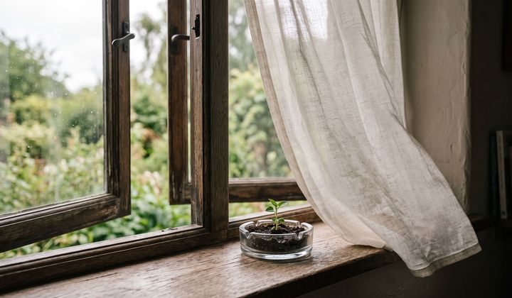 Offenes Fenster im Morgenlicht, Vorhang weht, auf dem Sims ein Glasaschenbecher mit grünem Keimling statt Zigaretten.