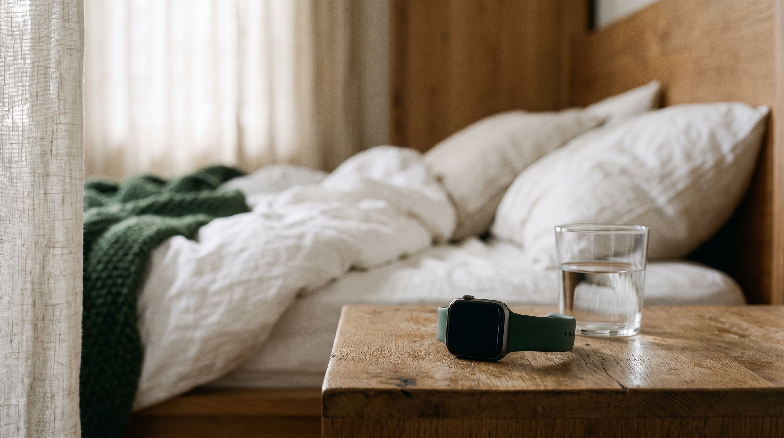 Smartwatch mit dunklem Display neben einem Wasserglas auf dem Nachttisch, weiches Morgenlicht durch einen Leinenvorhang