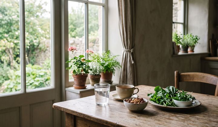 Holztisch am Fenster im Morgenlicht mit Glas Wasser, Kräutertee, ungesalzenen Nüssen und frischem Blattgemüse