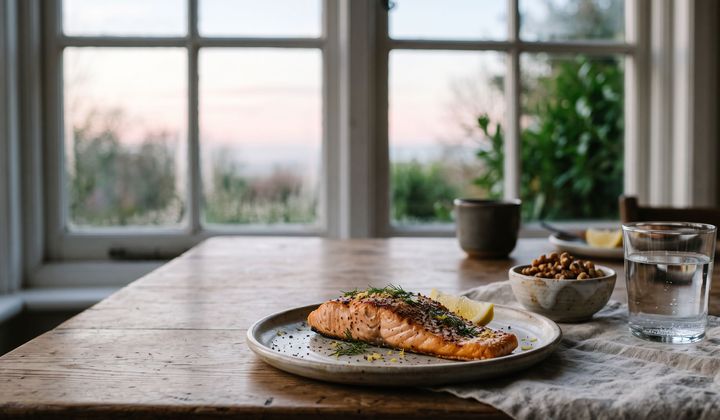 Frühstückstisch am Fenster im Morgenlicht mit gegrilltem Lachs, einer Schale Walnüssen und einem Glas Wasser