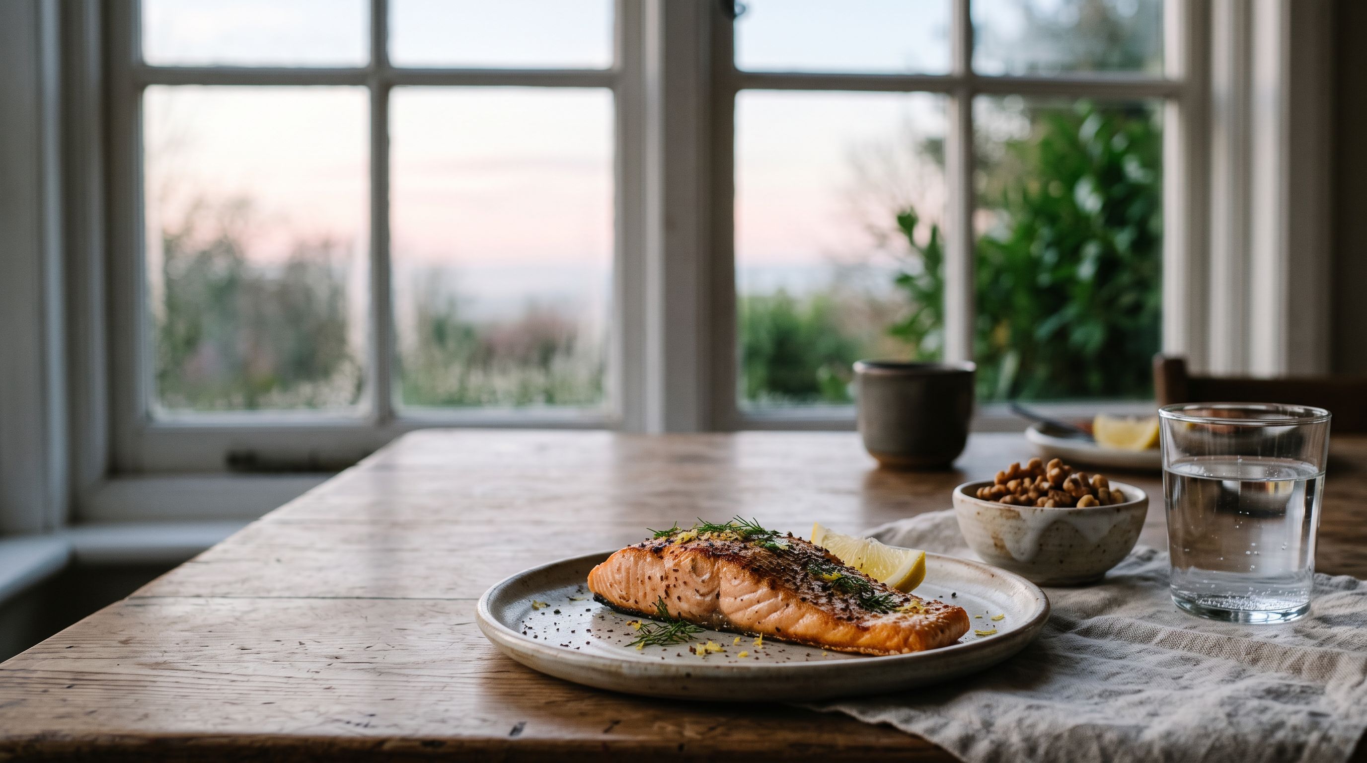 Frühstückstisch am Fenster im Morgenlicht mit gegrilltem Lachs, einer Schale Walnüssen und einem Glas Wasser