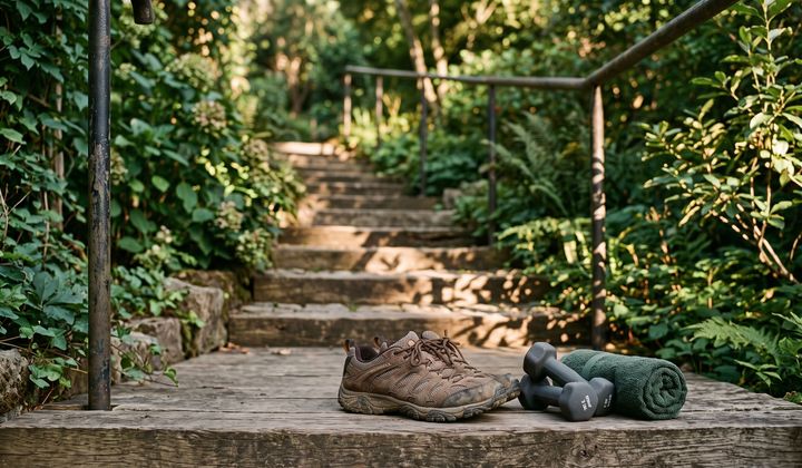 Abgetragene Laufschuhe und kleine Hanteln auf einer Holzstufe am Fuß einer Gartentreppe mit Handlauf, weiches Morgenlicht