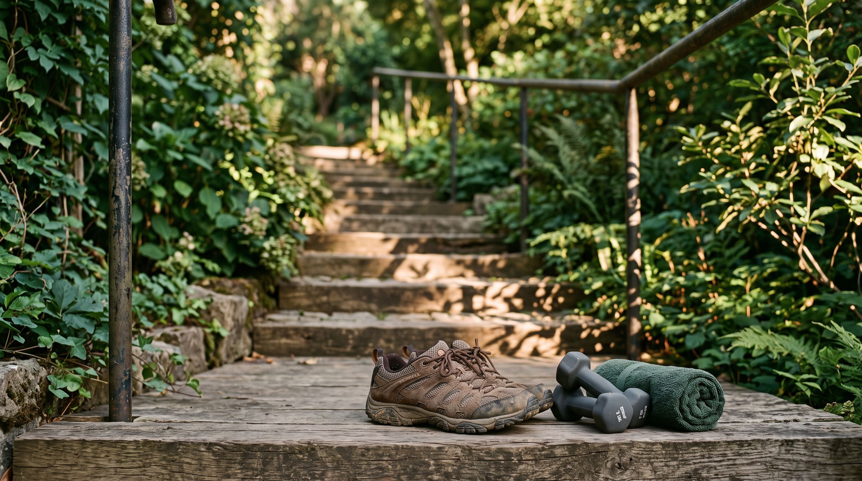 Abgetragene Laufschuhe und kleine Hanteln auf einer Holzstufe am Fuß einer Gartentreppe mit Handlauf, weiches Morgenlicht