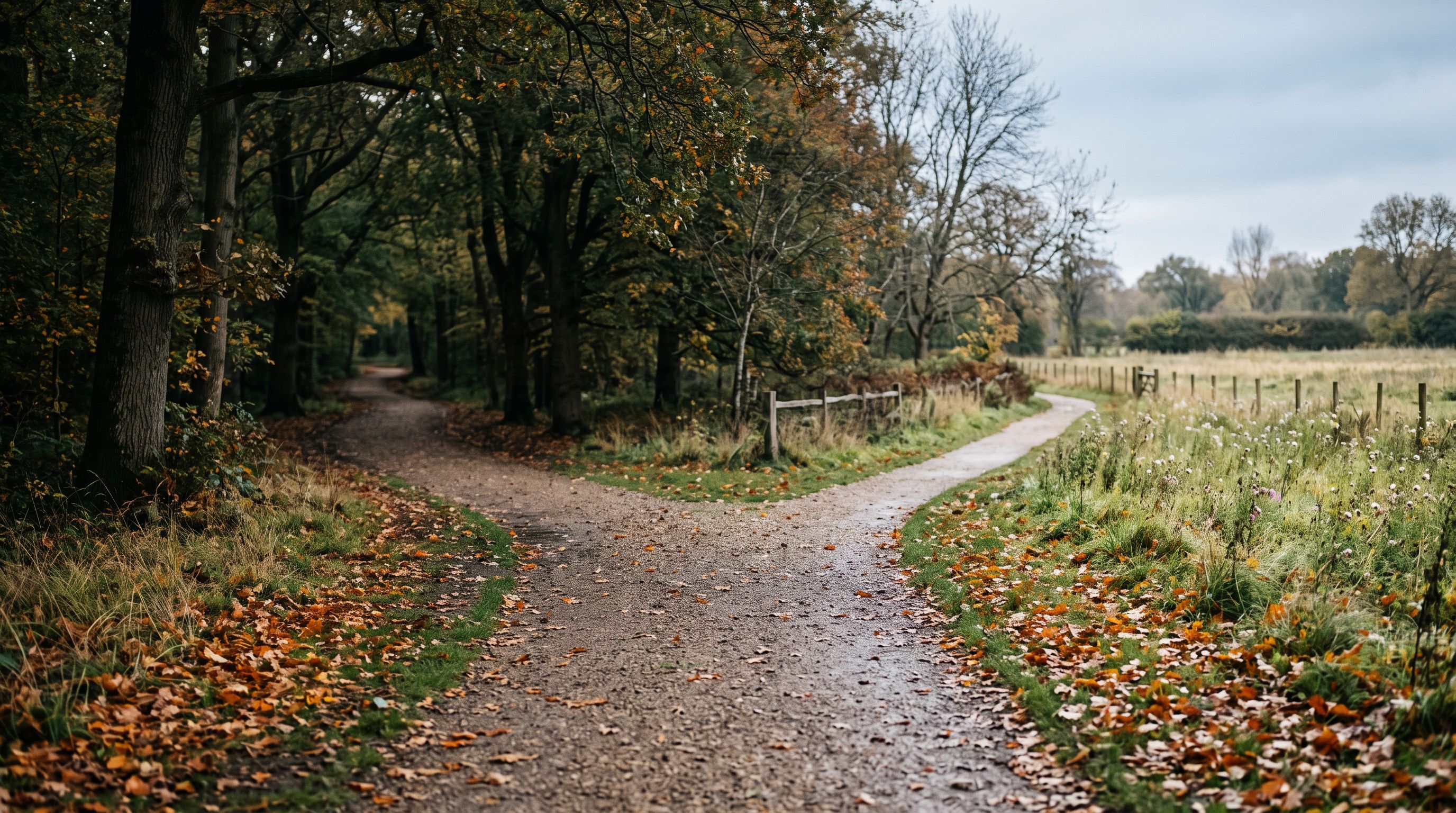Ein Kiesweg im Park gabelt sich in zwei Wege, einer unter alten Bäumen, einer an einer Wiese entlang, im Morgenlicht