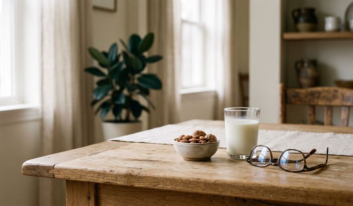 Lesebrille auf einem Holztisch neben einem Glas Milch und einer Schale Mandeln im Morgenlicht