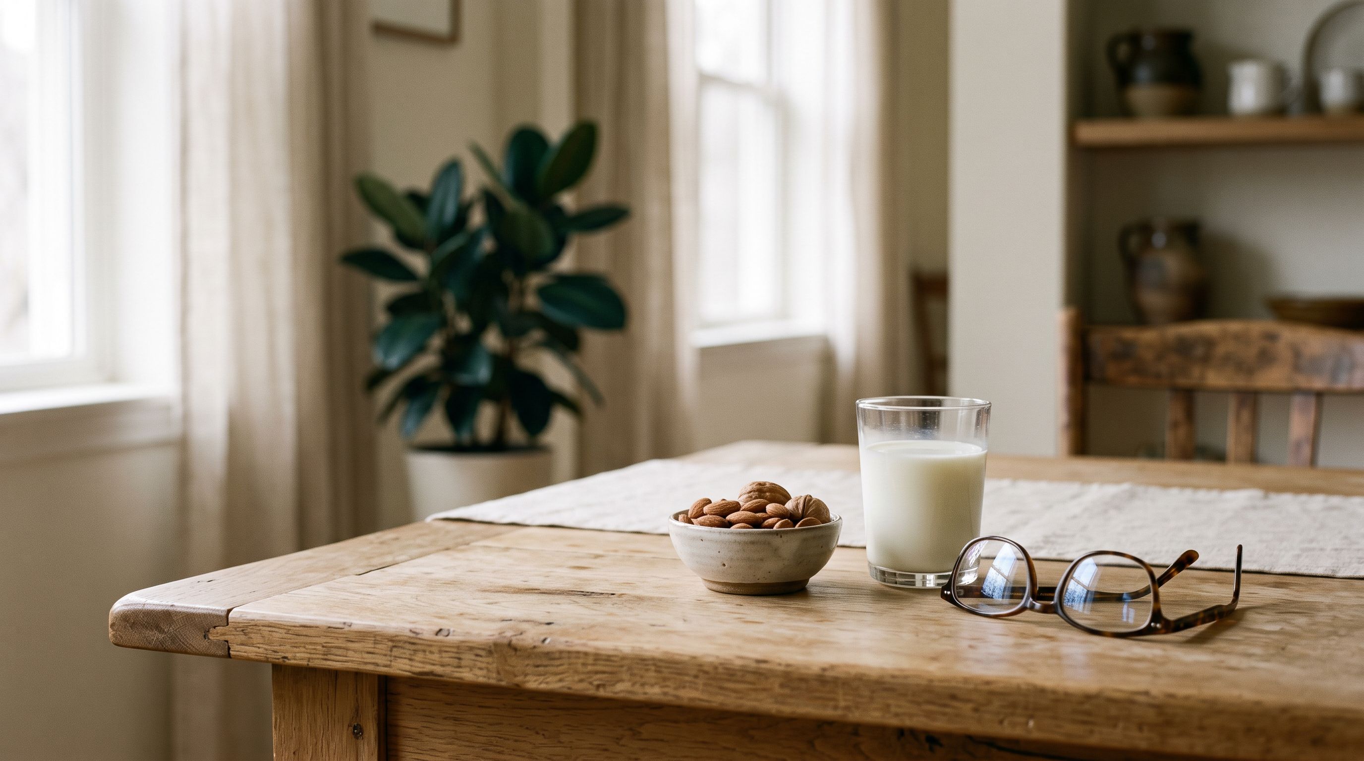 Lesebrille auf einem Holztisch neben einem Glas Milch und einer Schale Mandeln im Morgenlicht