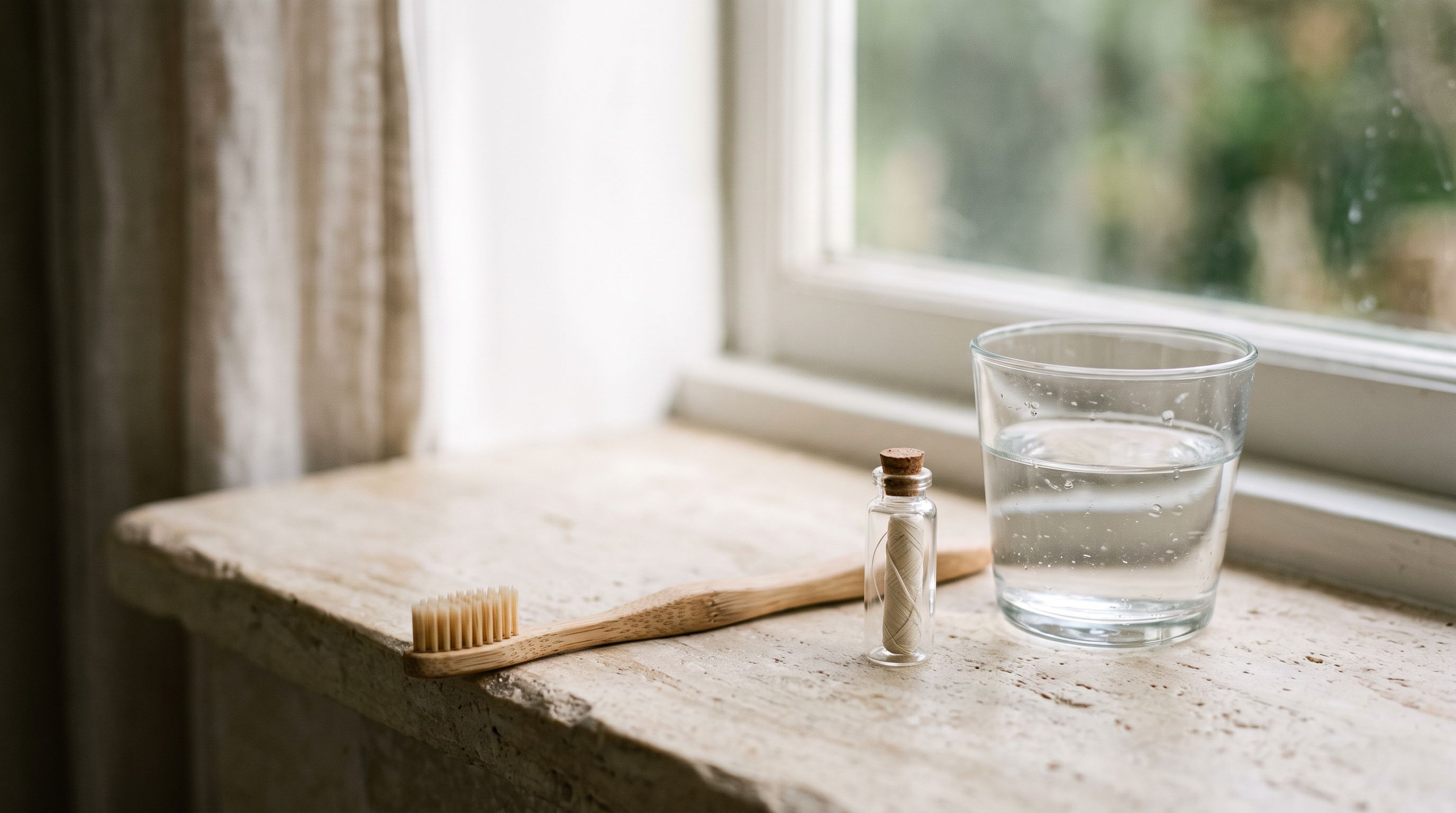 Holzzahnbürste, Zahnseide und ein Glas Wasser auf einem hellen Steinregal im Morgenlicht am Badfenster