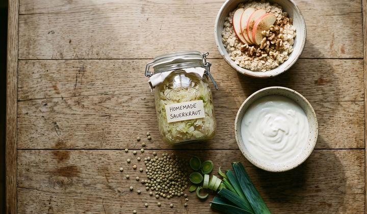 Holztisch mit Glas Sauerkraut, Schale Joghurt, Haferflocken mit Apfel, Linsen und Lauch im weichen Morgenlicht