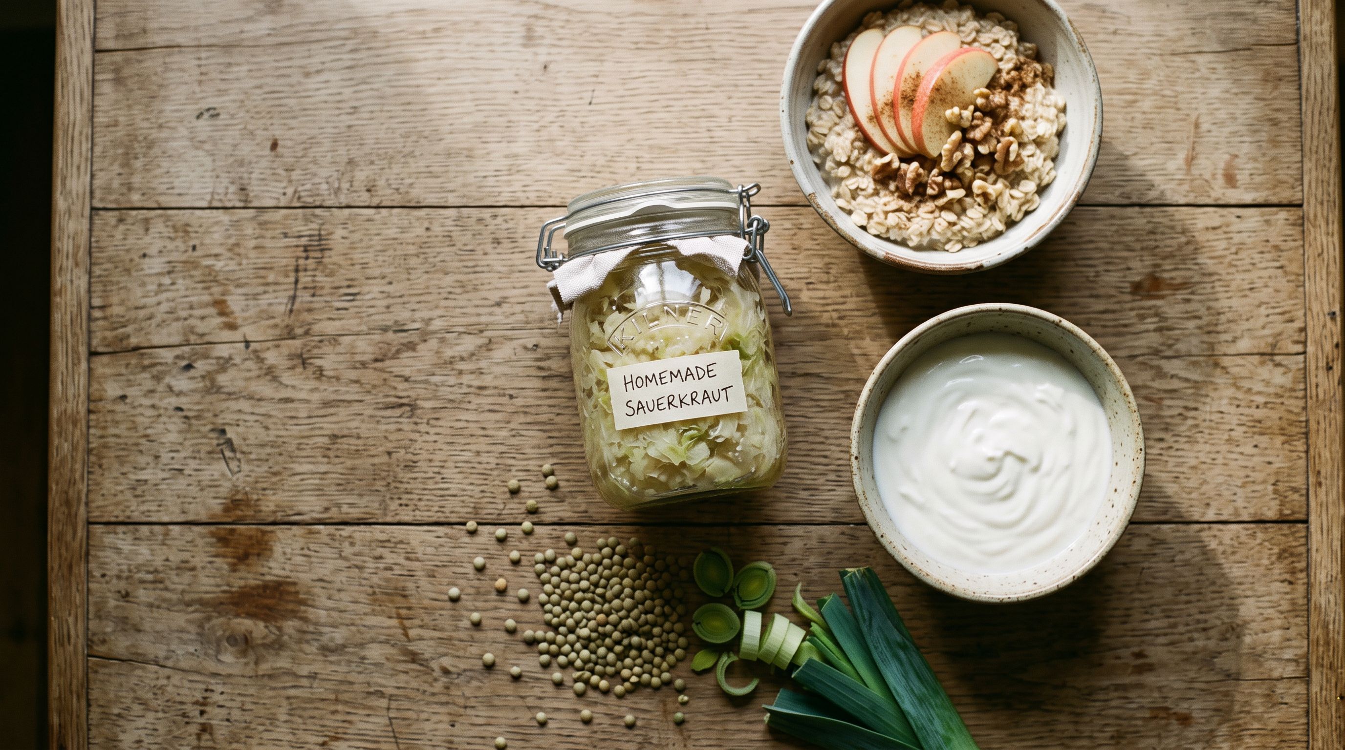 Holztisch mit Glas Sauerkraut, Schale Joghurt, Haferflocken mit Apfel, Linsen und Lauch im weichen Morgenlicht