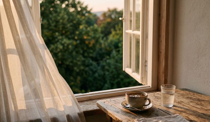 Balkontisch am Morgen mit Wasserglas und Kräutertee vor offenem Fenster, frische Luft, grüne Baumkronen im Hintergrund