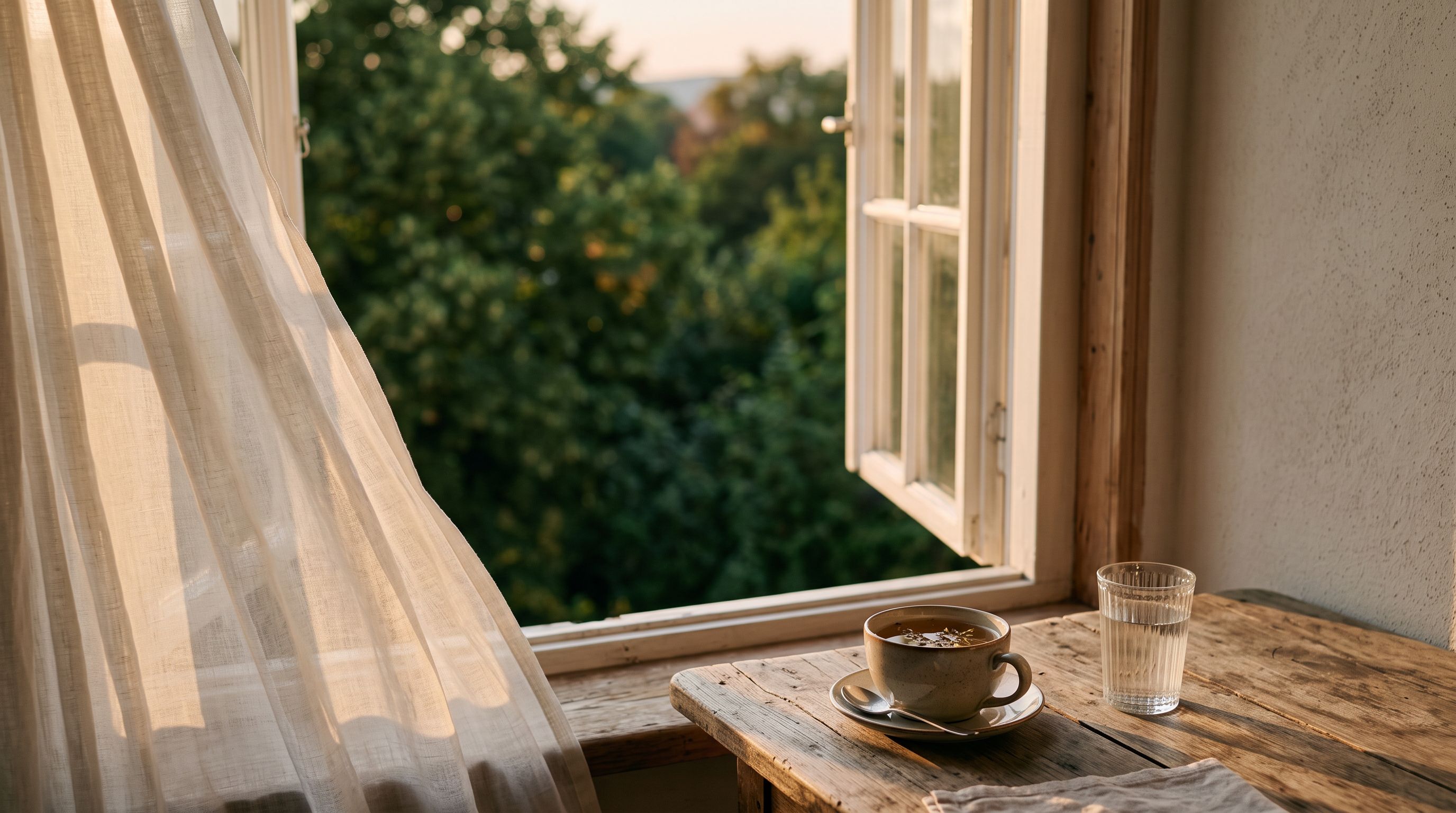 Balkontisch am Morgen mit Wasserglas und Kräutertee vor offenem Fenster, frische Luft, grüne Baumkronen im Hintergrund