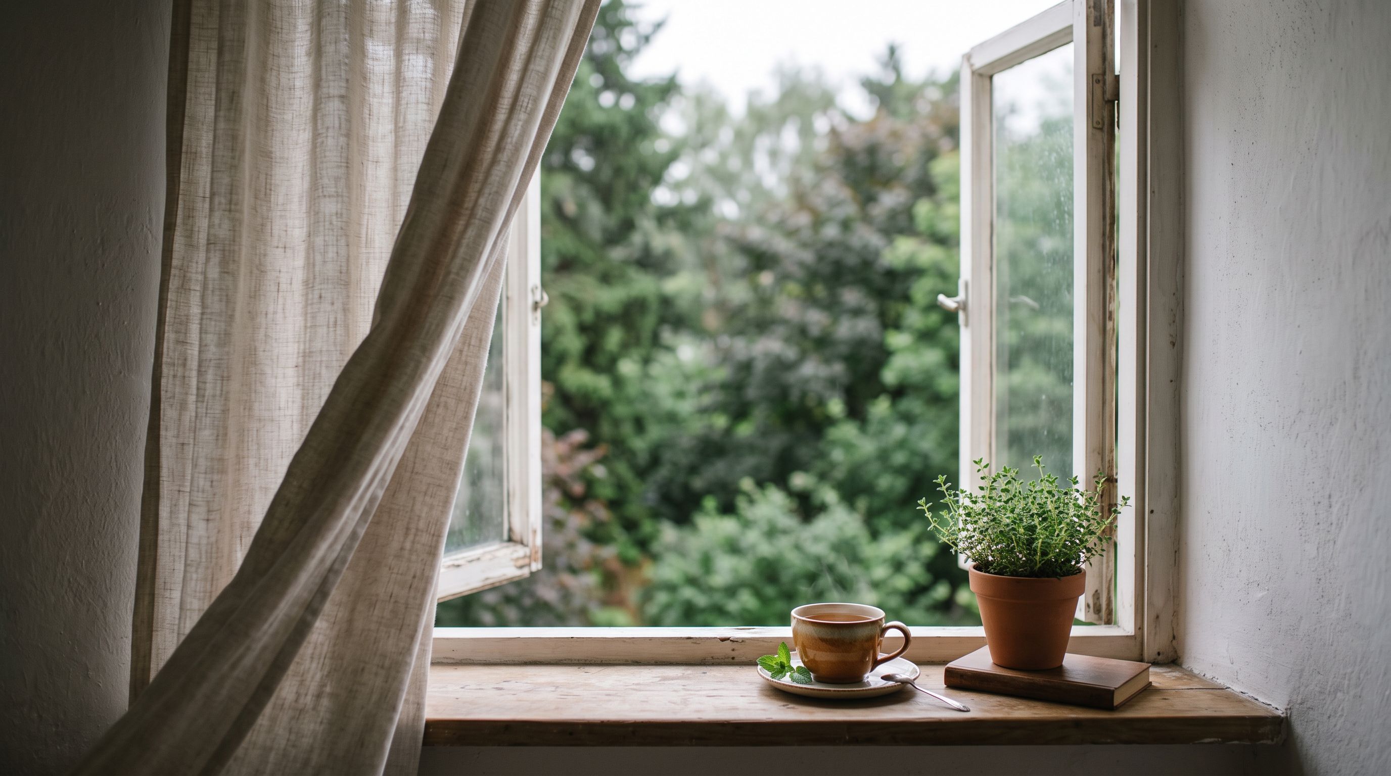 Offenes Fenster am Morgen, wehender Leinenvorhang, Teetasse und Kräutertopf auf der Fensterbank, draußen grüne Bäume im Licht