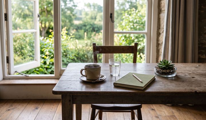 Küchentisch am offenen Fenster im Morgenlicht mit Tee, Wasserglas, Notizbuch und Sukkulente in einem Glasaschenbecher