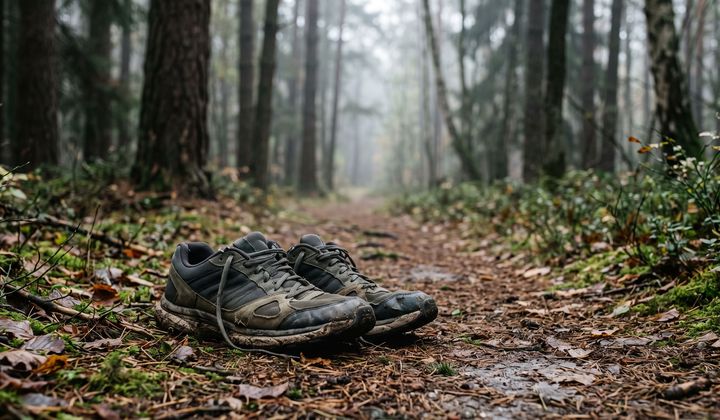 Ein Paar Laufschuhe auf einem Waldweg im weichen Morgenlicht, dahinter Bäume und leichter Nebel