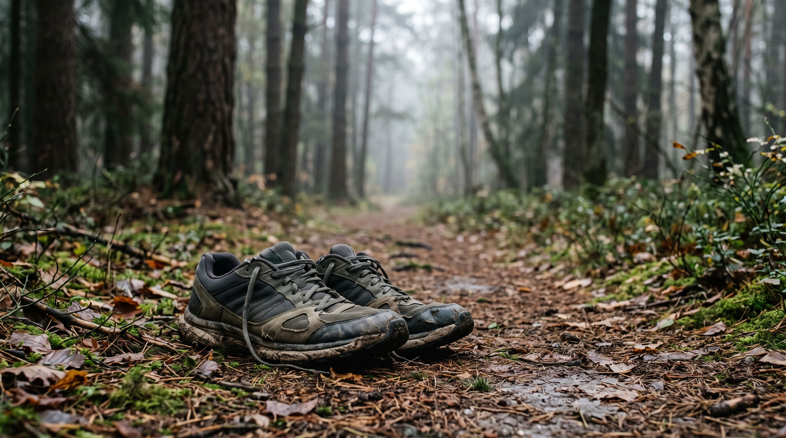 Ein Paar Laufschuhe auf einem Waldweg im weichen Morgenlicht, dahinter Bäume und leichter Nebel