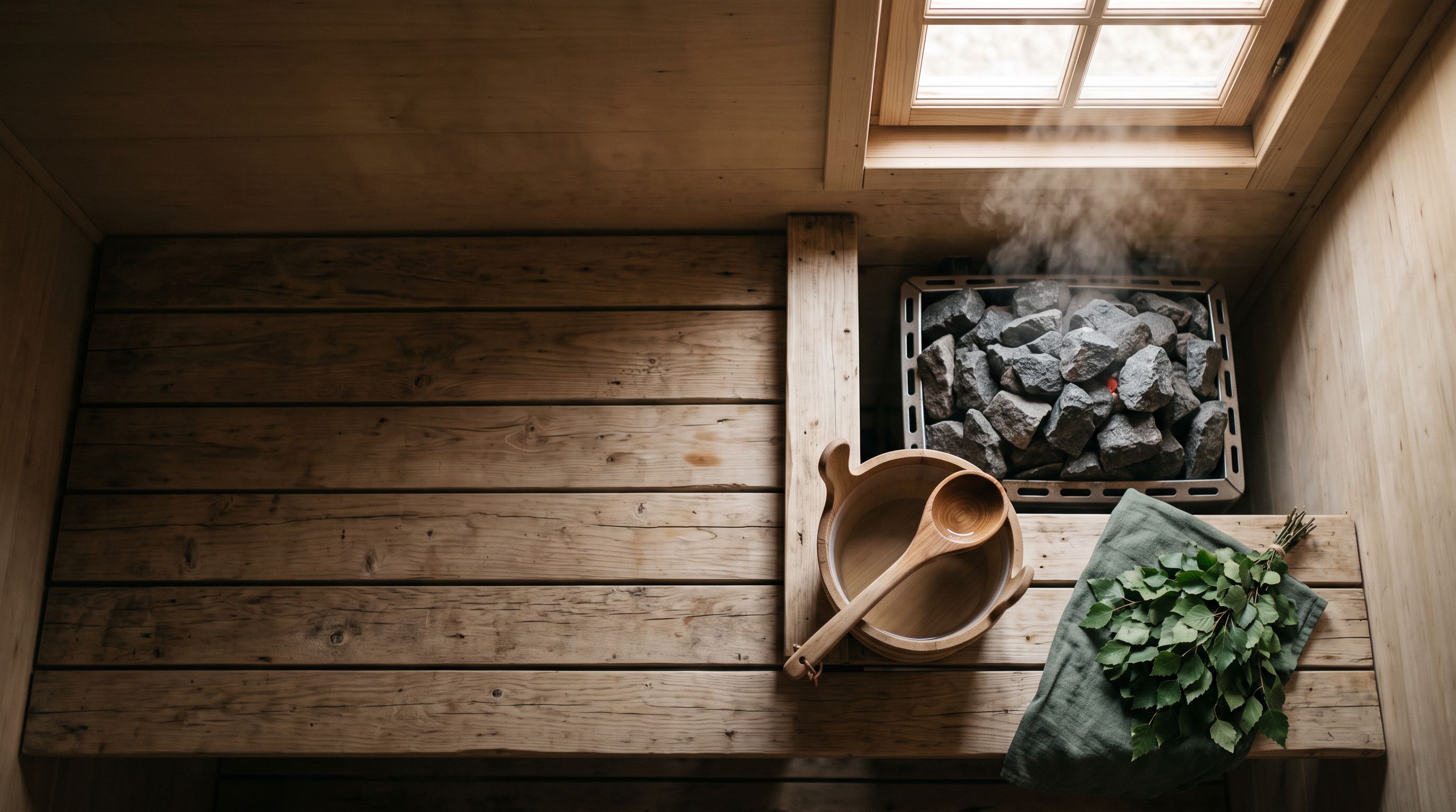 Leere Holzbank in einer finnischen Sauna, daneben Holzkübel mit Kelle und dampfende Saunasteine im warmen Licht
