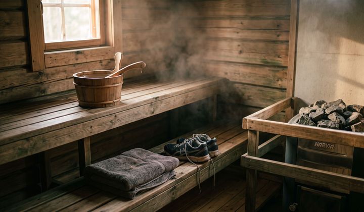 Holzbank einer Sauna mit Holzkübel, Kelle und Ofensteinen, davor Laufschuhe und ein gefaltetes Handtuch im warmen Licht