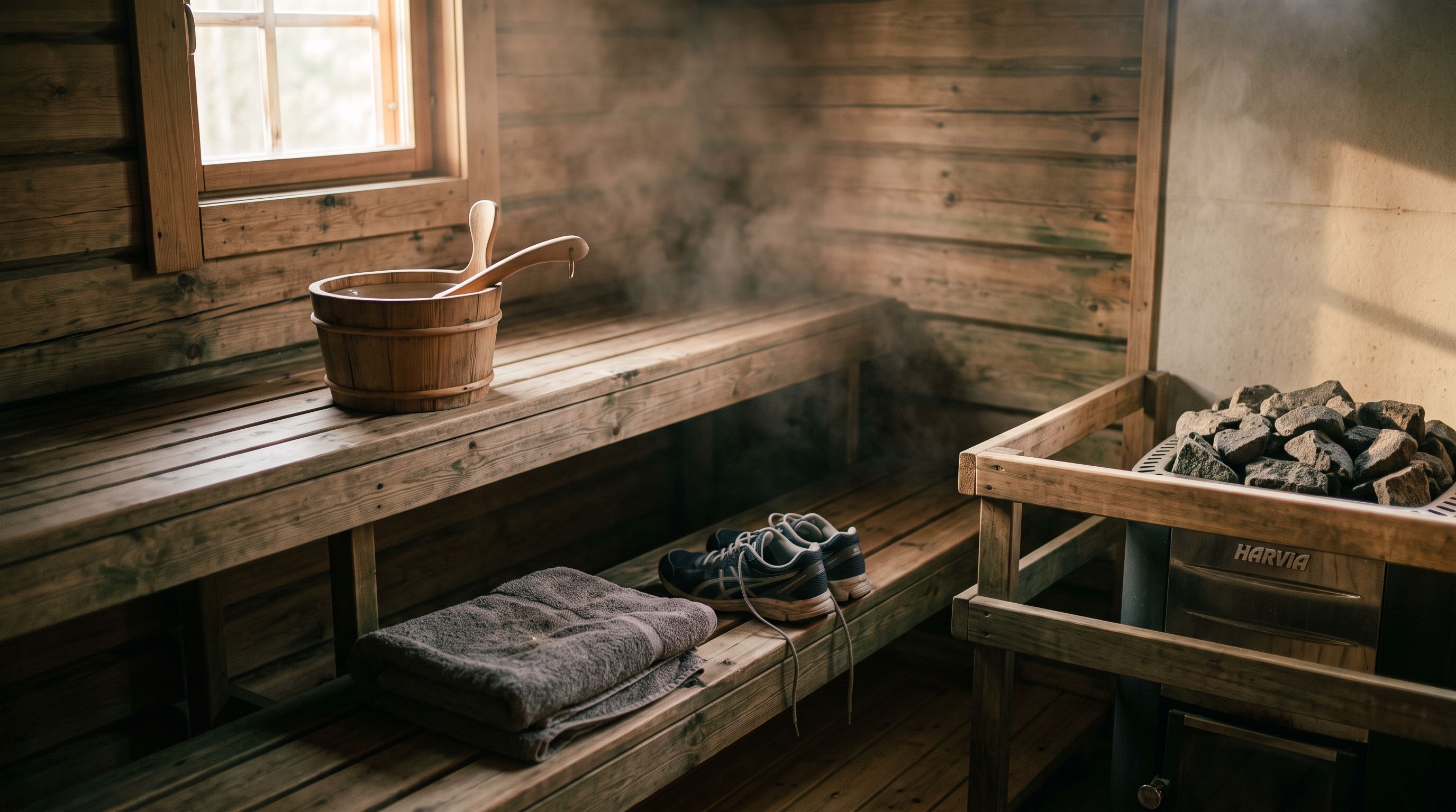 Holzbank einer Sauna mit Holzkübel, Kelle und Ofensteinen, davor Laufschuhe und ein gefaltetes Handtuch im warmen Licht