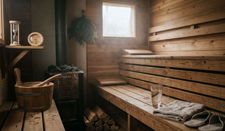 Leere Holzsauna mit Bänken, Holzeimer, Sanduhr und einem Glas Wasser im warmen, dunstigen Licht