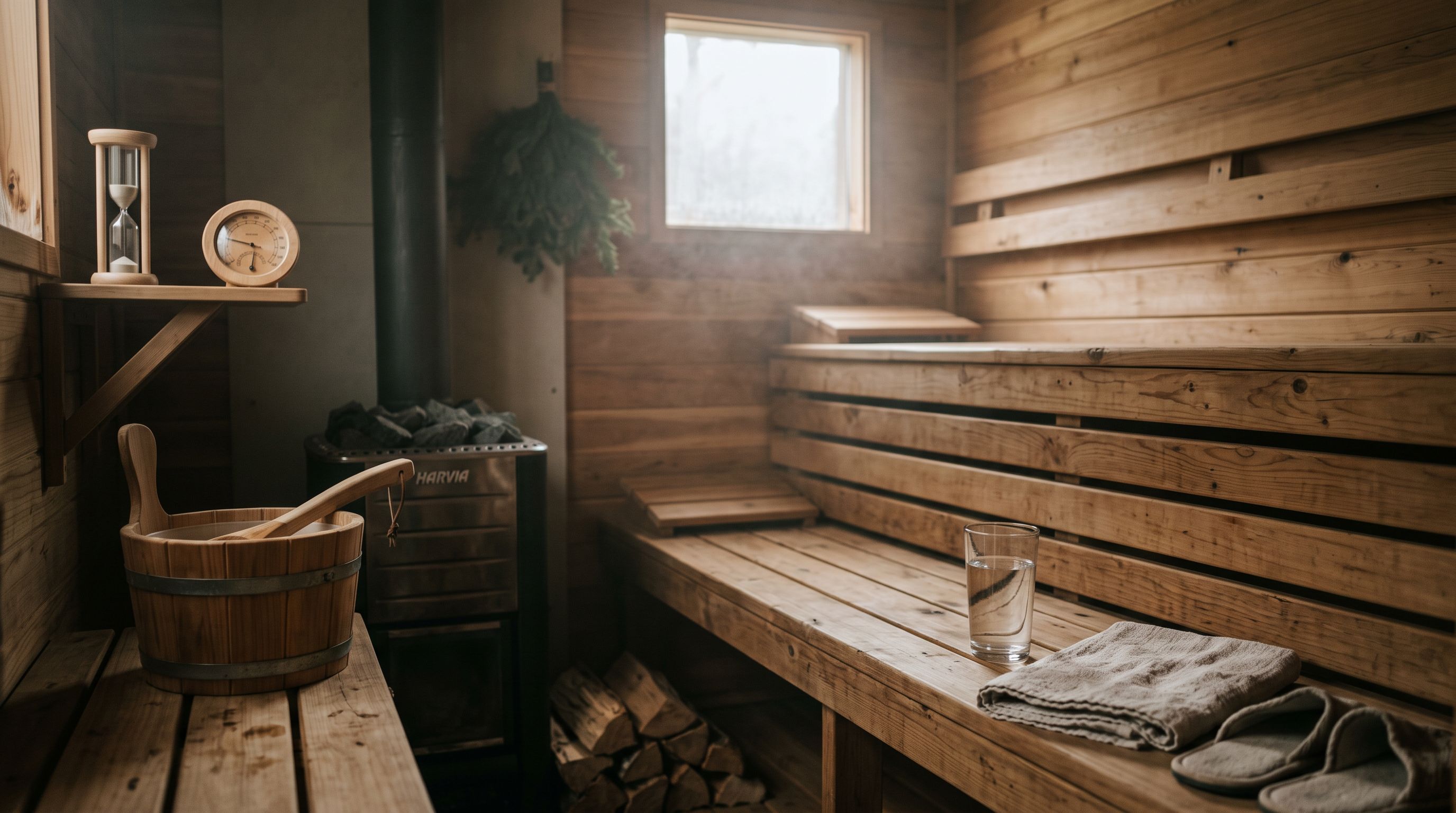 Leere Holzsauna mit Bänken, Holzeimer, Sanduhr und einem Glas Wasser im warmen, dunstigen Licht