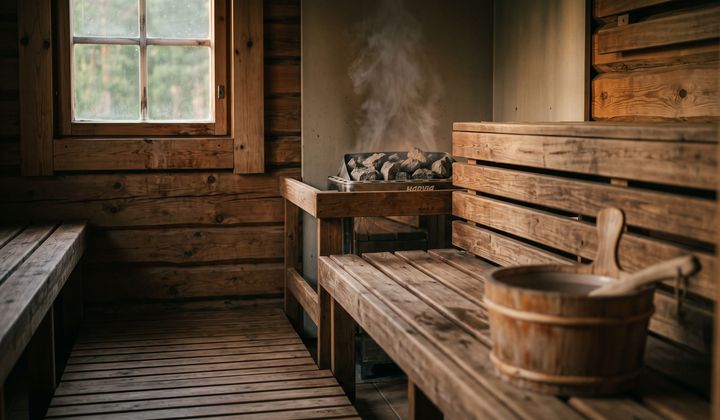 Leere finnische Holzsauna mit Bänken, Saunaofen mit leichtem Dampf, Holzeimer und Kelle im warmen Licht eines kleinen Fensters