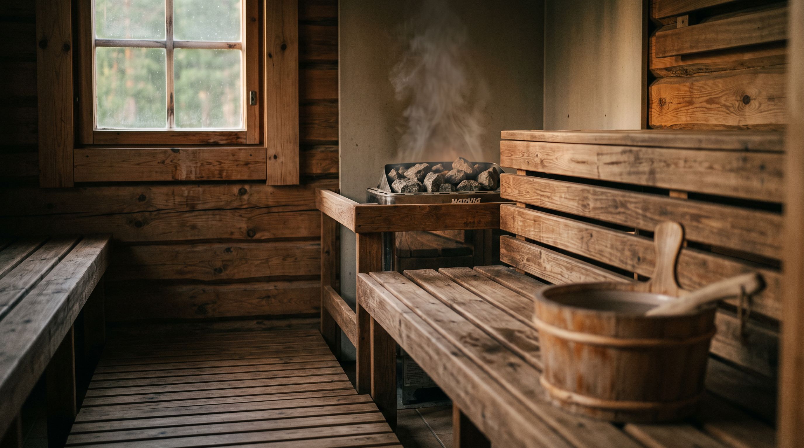 Leere finnische Holzsauna mit Bänken, Saunaofen mit leichtem Dampf, Holzeimer und Kelle im warmen Licht eines kleinen Fensters