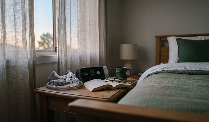 Nachttisch im Morgenlicht mit CPAP-Maske, Schlauch, aufgeschlagenem Buch und Lesebrille neben einem gemachten Bett