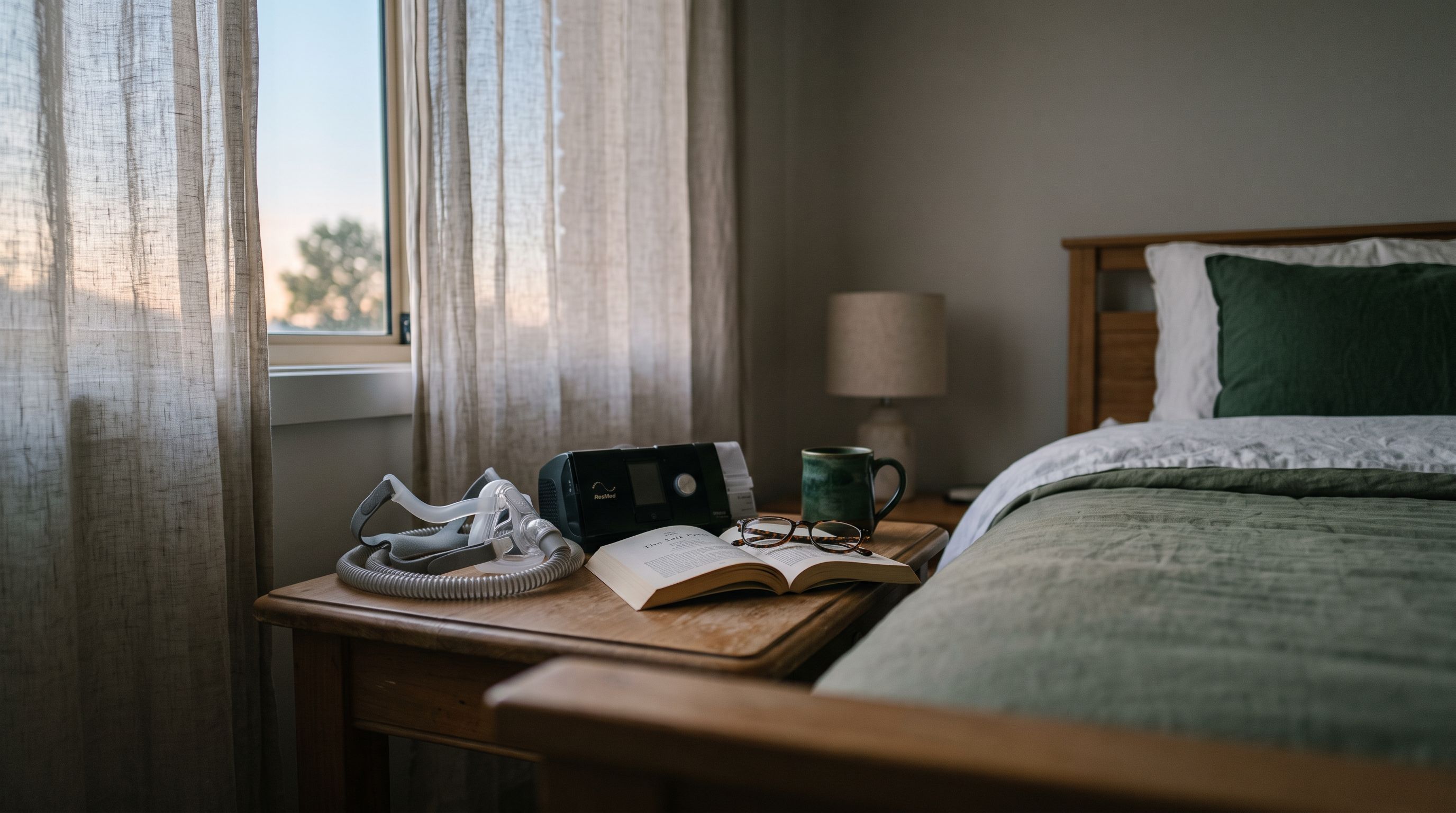 Nachttisch im Morgenlicht mit CPAP-Maske, Schlauch, aufgeschlagenem Buch und Lesebrille neben einem gemachten Bett