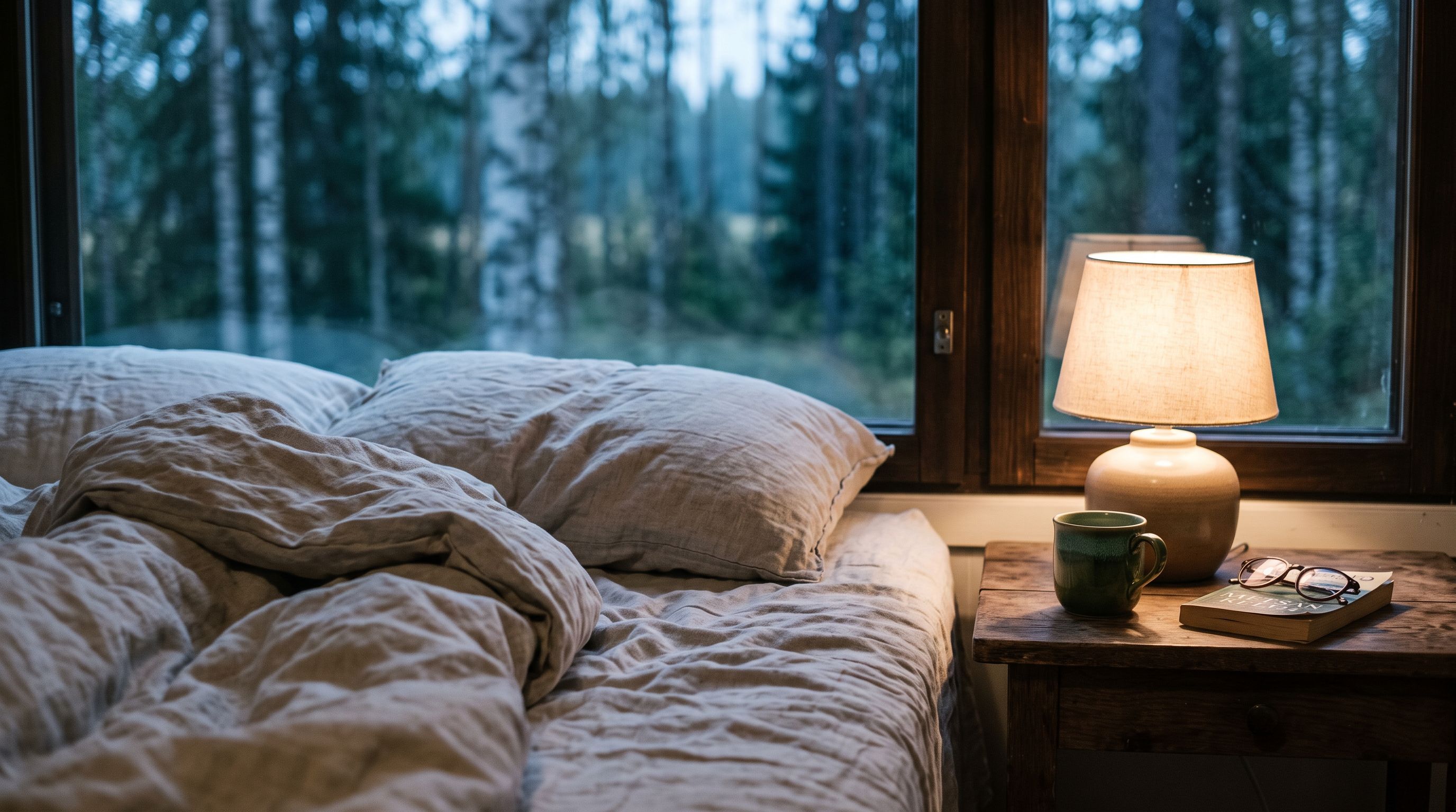 Zerwühltes Leinenbett am Fenster im Morgengrauen, Nachttischlampe brennt noch, draußen Birkenwald im blassen Licht