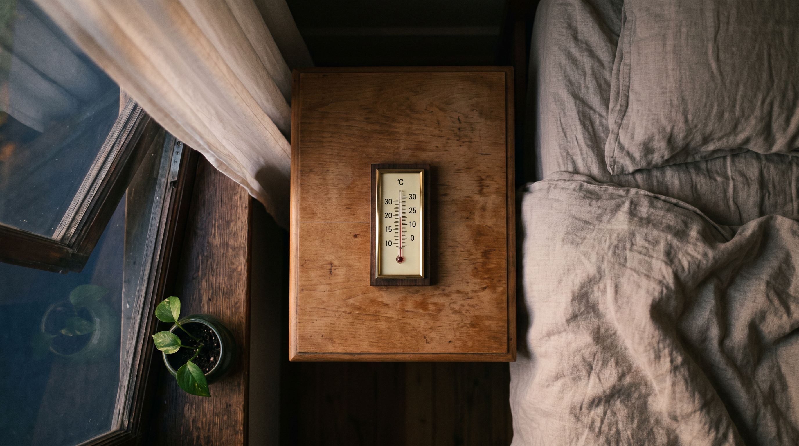 Thermometer auf einem Nachttisch neben zerwühltem Leinenbett, Fenster gekippt, warmes Abendlicht geht in blaue Nacht über