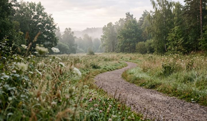 Schmaler Kiesweg schlängelt sich durch eine taufeuchte Wiese zum Waldrand, weiches Morgenlicht und leichter Dunst