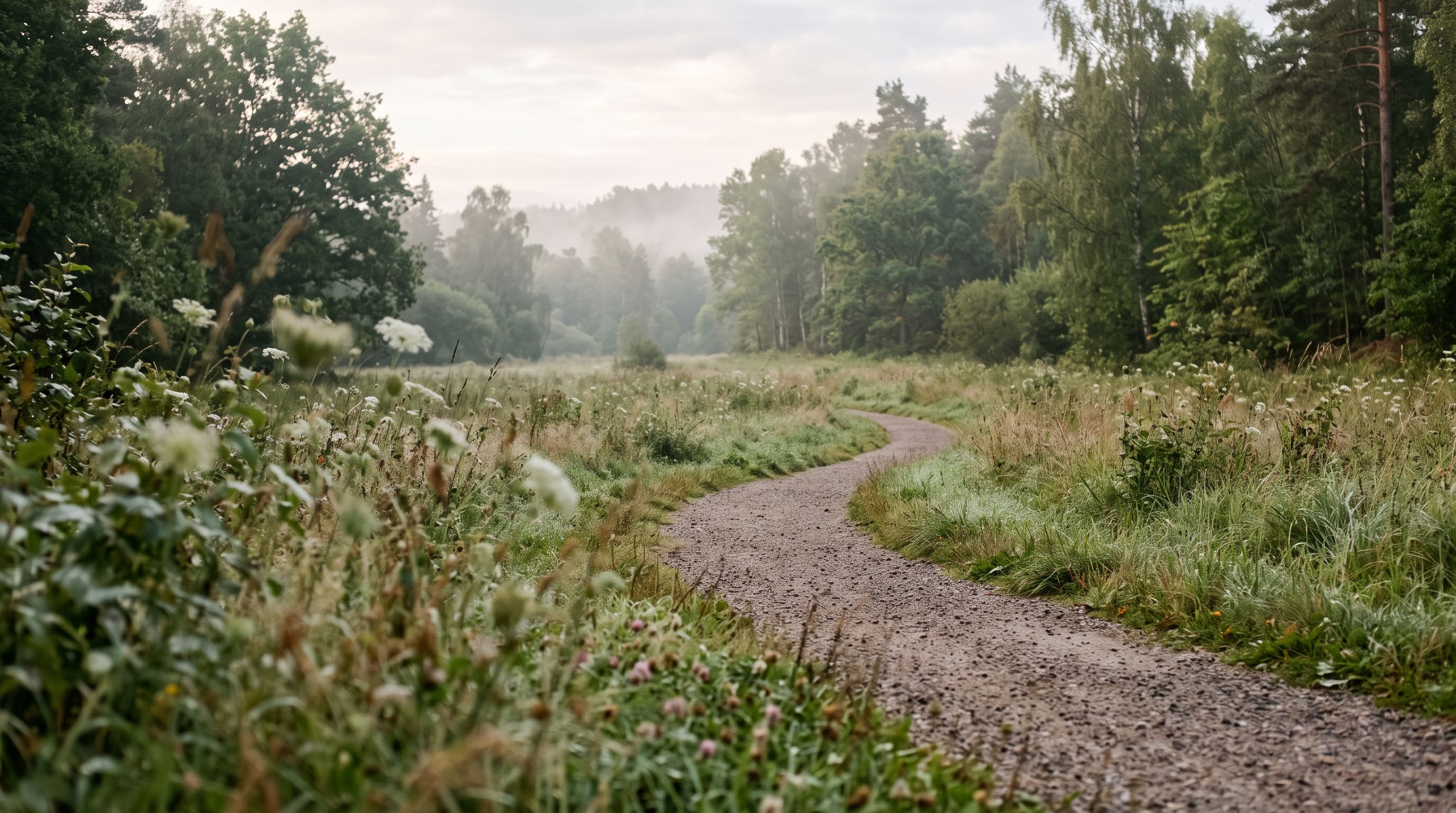 Schmaler Kiesweg schlängelt sich durch eine taufeuchte Wiese zum Waldrand, weiches Morgenlicht und leichter Dunst