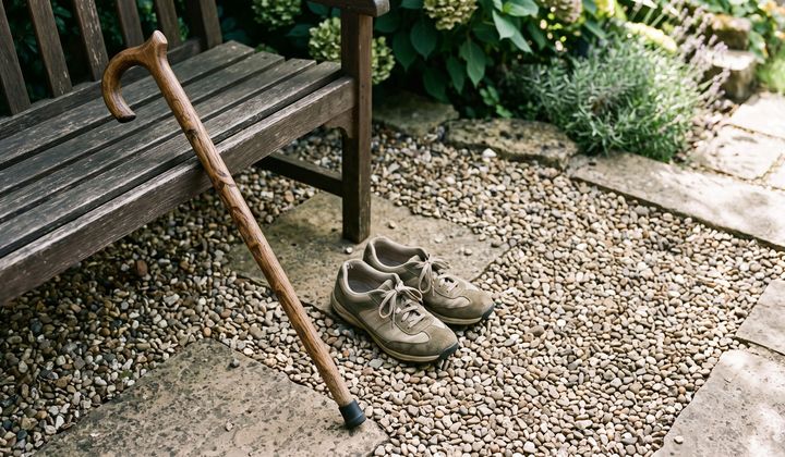 Gehstock an einer Gartenbank, davor bequeme Schuhe auf einem kurzen Kiesweg im Morgenlicht