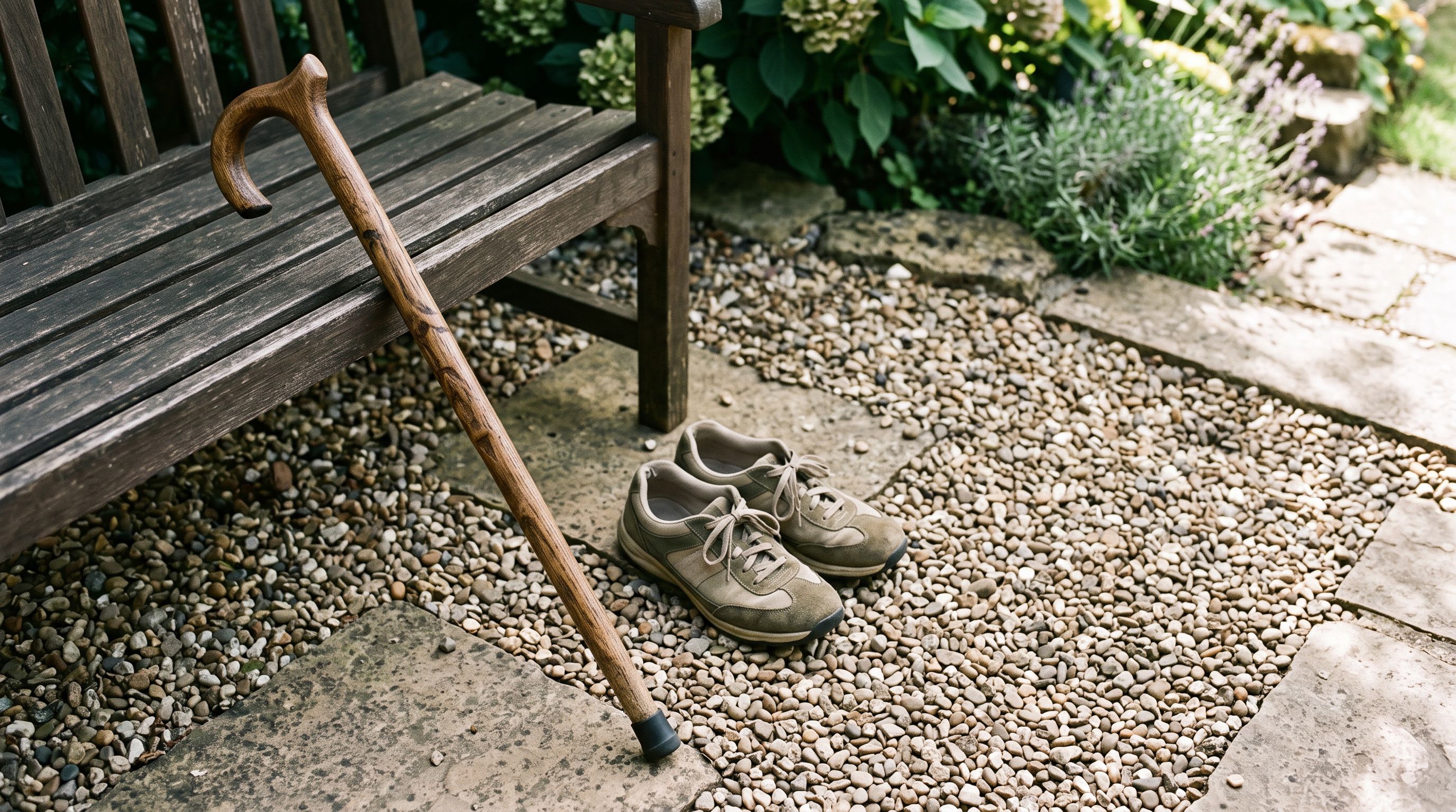 Gehstock an einer Gartenbank, davor bequeme Schuhe auf einem kurzen Kiesweg im Morgenlicht