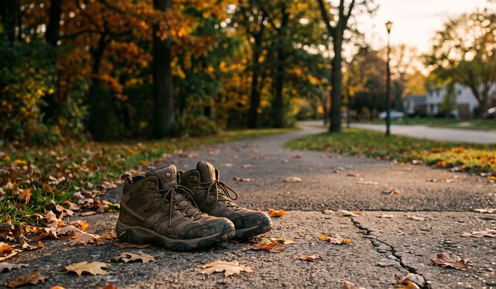 Ein Paar getragene Laufschuhe auf einem Gehweg am Parkrand, Herbstlaub auf dem Pflaster, weiches Morgenlicht