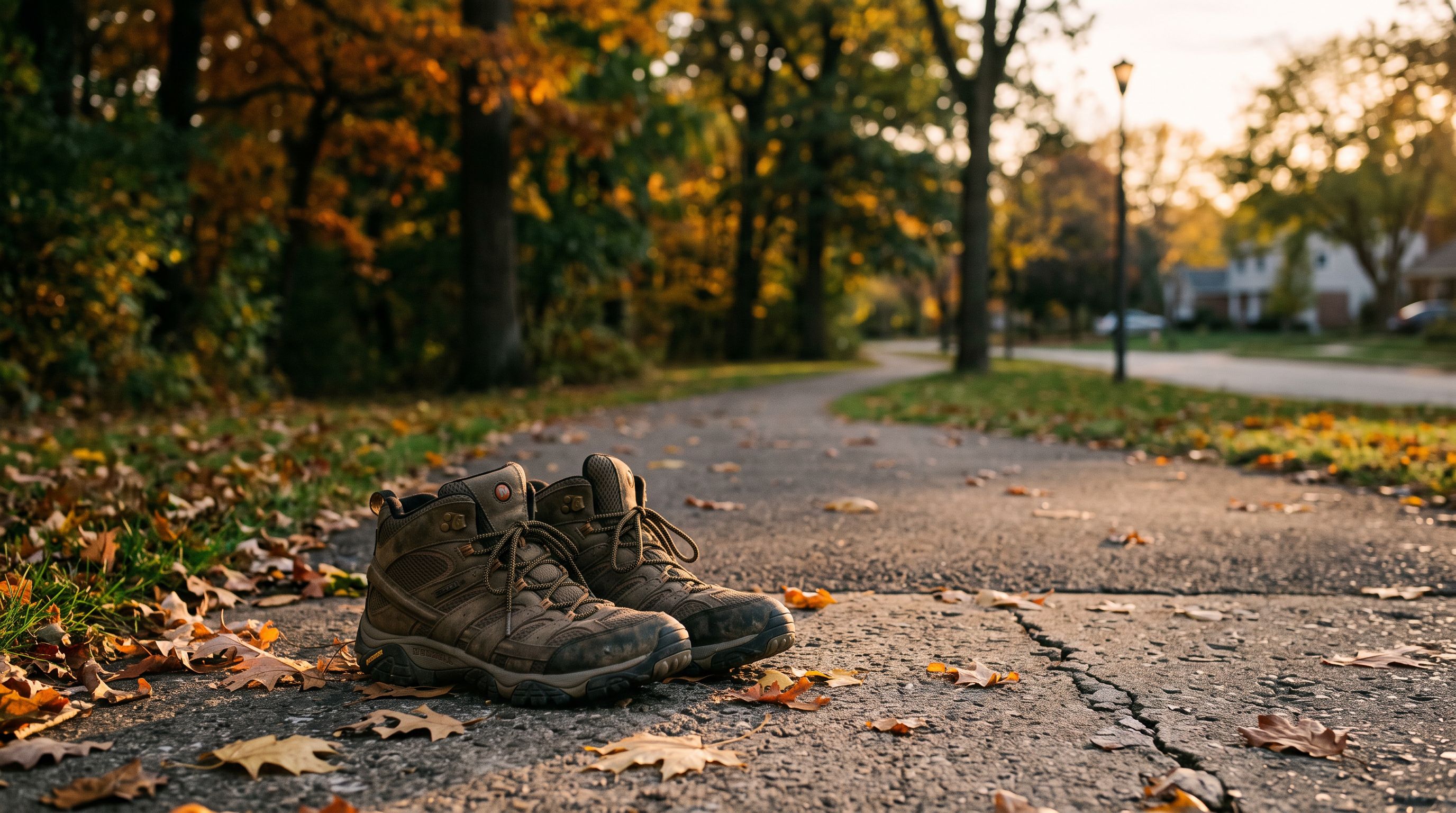 Ein Paar getragene Laufschuhe auf einem Gehweg am Parkrand, Herbstlaub auf dem Pflaster, weiches Morgenlicht