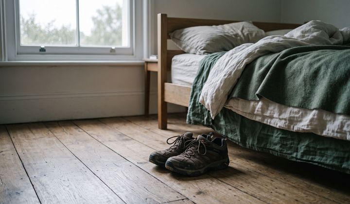 Getragene Laufschuhe auf dem Holzboden neben einem zerwühlten Bett, weiches Morgenlicht fällt durchs Fenster