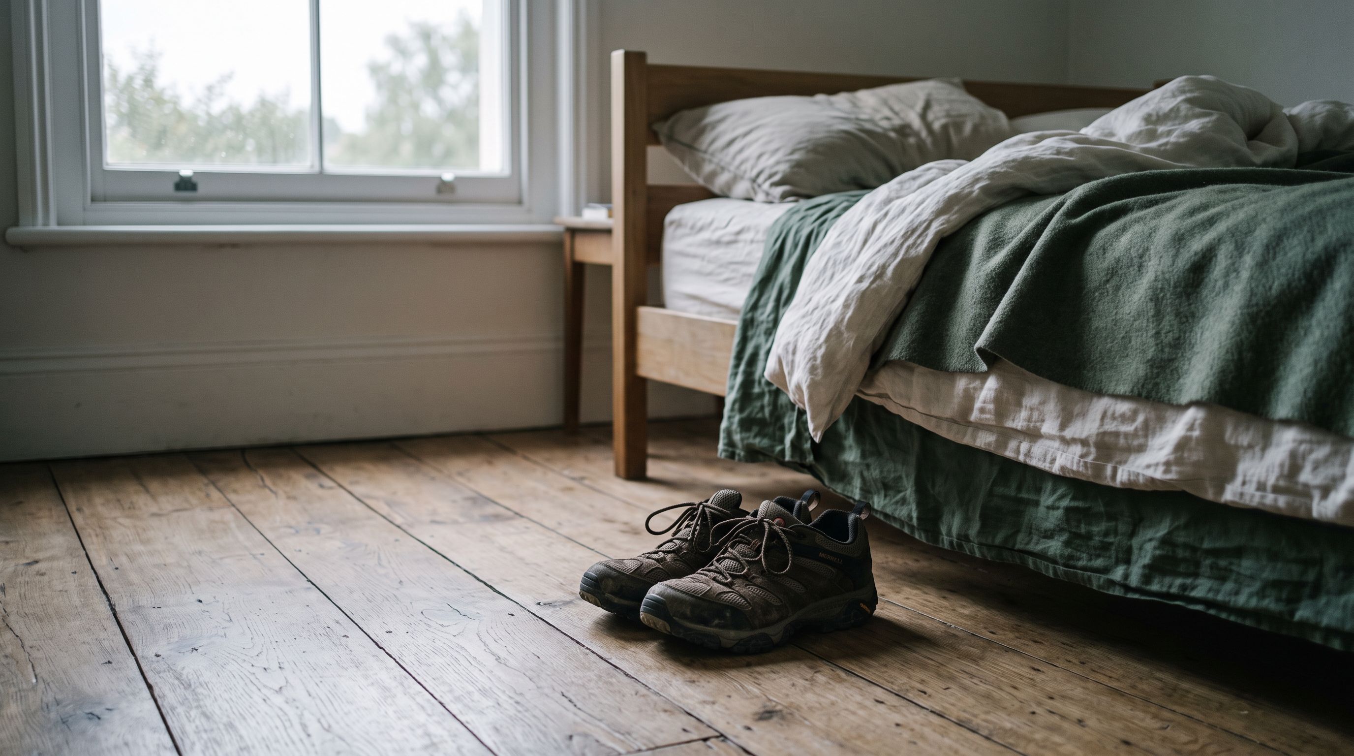 Getragene Laufschuhe auf dem Holzboden neben einem zerwühlten Bett, weiches Morgenlicht fällt durchs Fenster