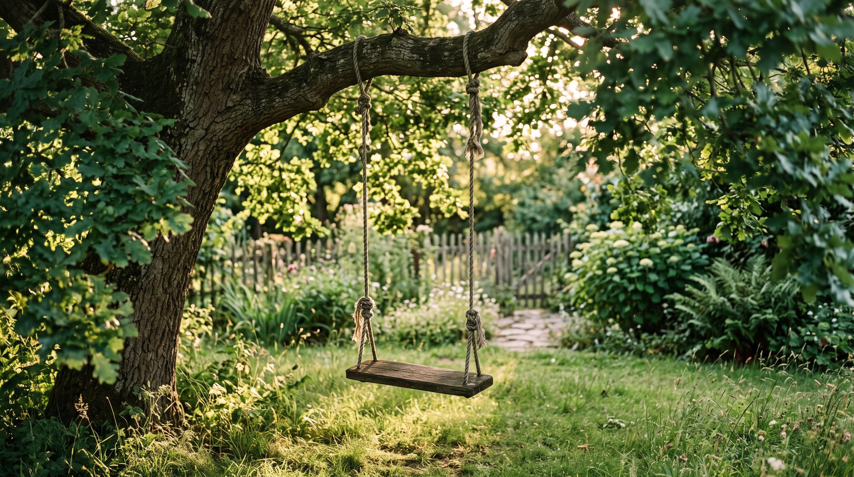 Leere Holzschaukel hängt an einem Baum in einem grünen Garten, weiches Morgenlicht fällt durch das Laub.