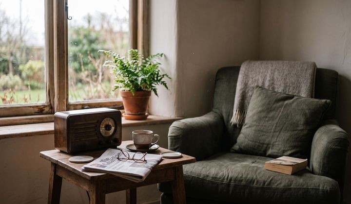 Stilles Wohnzimmer im Nachmittagslicht: Sessel, Beistelltisch mit altem Radio, Teetasse und Lesebrille