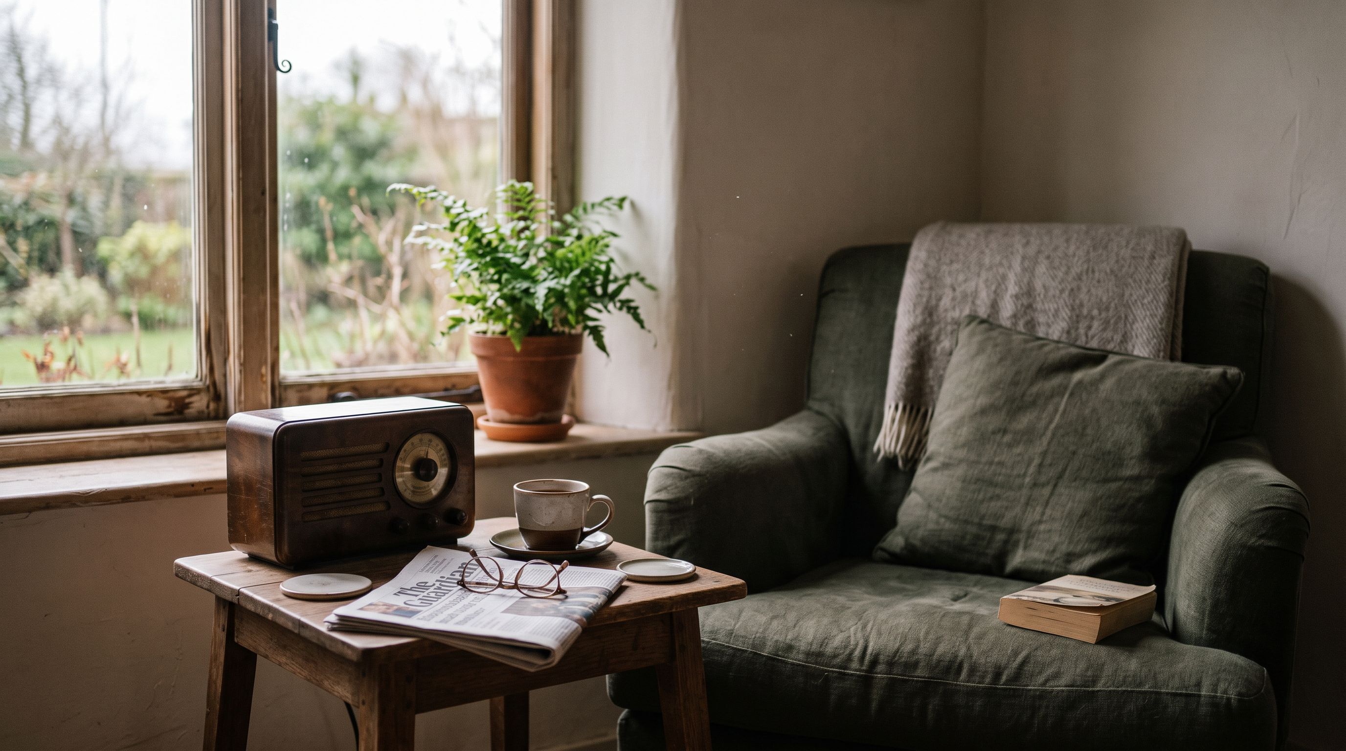 Stilles Wohnzimmer im Nachmittagslicht: Sessel, Beistelltisch mit altem Radio, Teetasse und Lesebrille