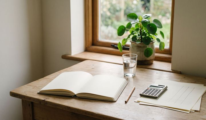 Ruhiger Schreibtisch im Morgenlicht mit Notizbuch, Bleistift und Taschenrechner, bereit zum Mitrechnen von Befunden.